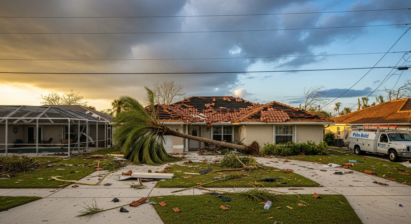 Storm damage restoration scene in Boynton Beach FL showing Palm Build crew responding to hurricane-damaged CBS stucco home with barrel tile roof and tropical landscaping