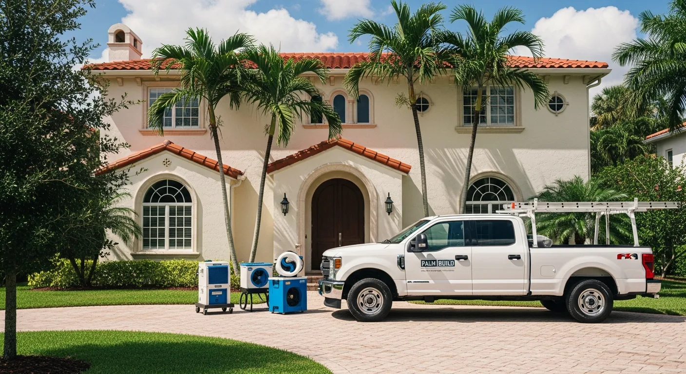 Palm Build restoration truck at a CBS stucco home with barrel tile roof in Boynton Beach, Florida with royal palm trees and tropical landscaping