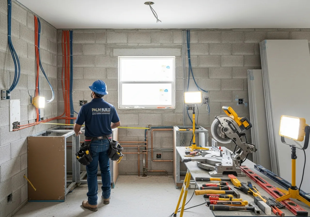 Interior reconstruction in progress at a Boynton Beach FL home showing CBS wall and drywall installation
