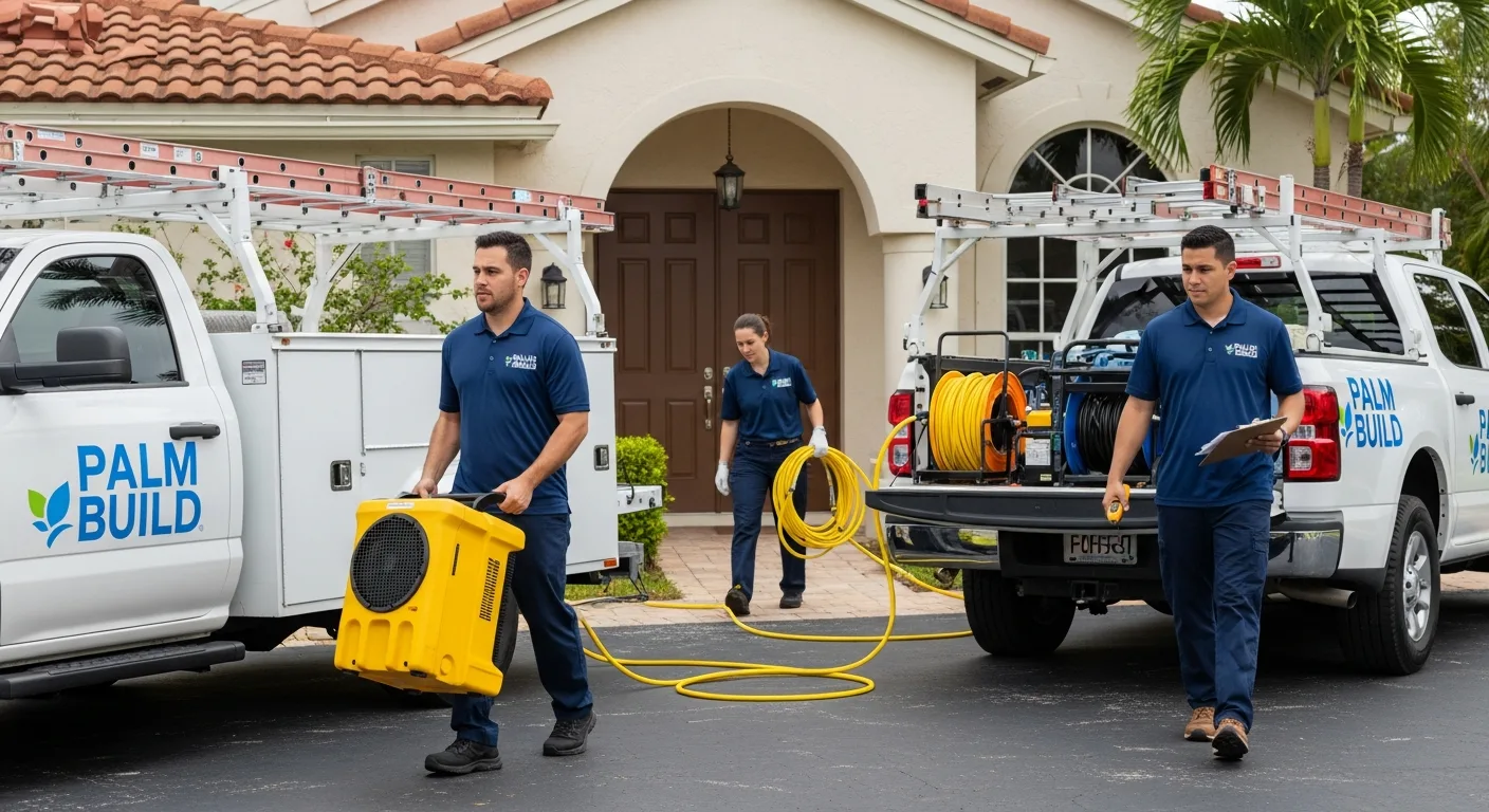 Palm Build restoration crew arriving at a CBS stucco home in Boynton Beach, Florida for emergency water damage response