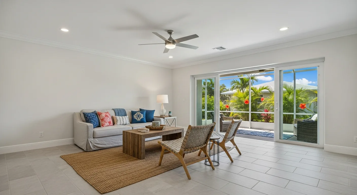 Beautifully restored living room in a Boynton Beach CBS home after complete fire damage reconstruction