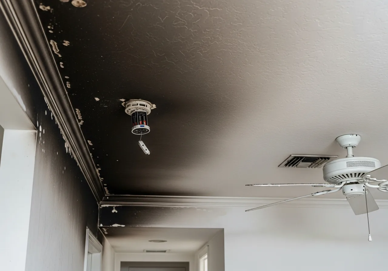 Smoke damage on ceiling and walls of a Boynton Beach home showing discoloration and soot patterns