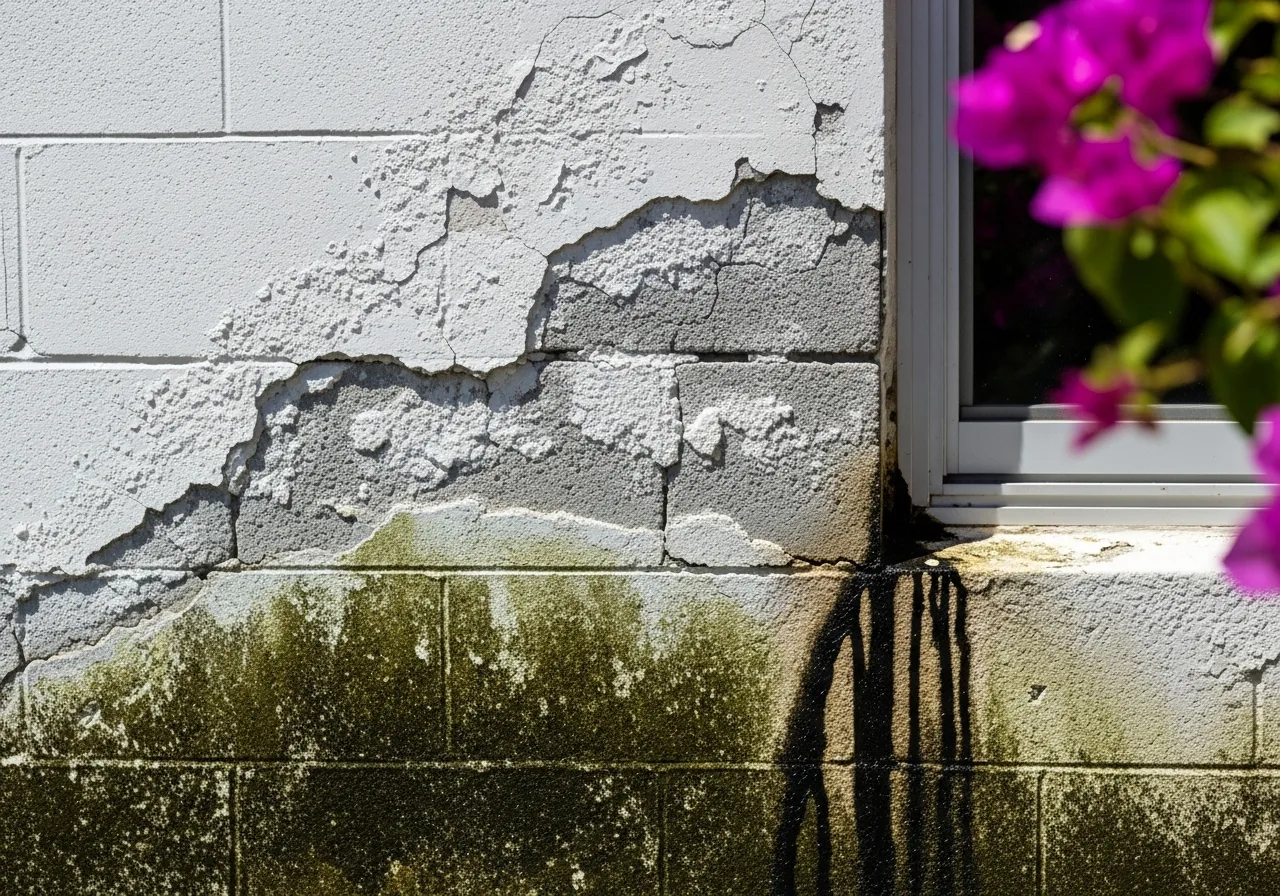 Stucco crack water intrusion on CBS exterior wall causing hidden mold in Boynton Beach FL