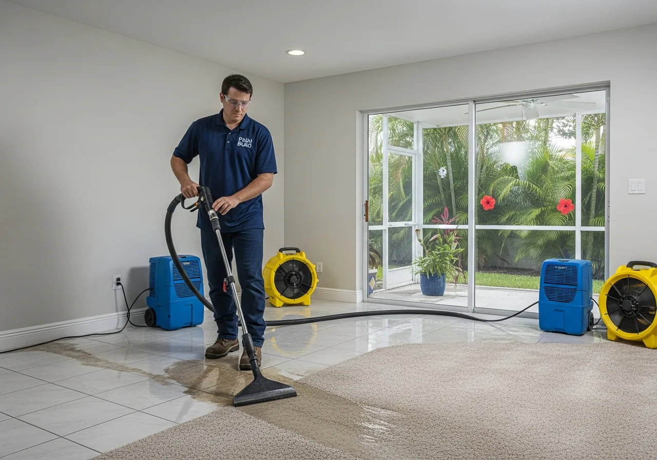 Palm Build restoration technician performing water extraction in a flooded Boynton Beach Florida home