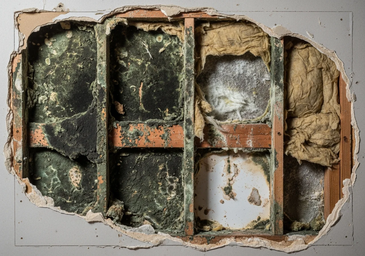 Severe black mold growth on drywall and wood framing behind a wall in a Charlotte NC home