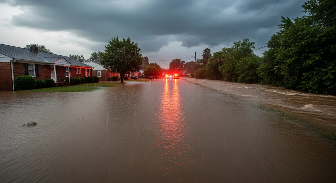 Major flooding on Charlotte NC residential street during catastrophe event showing large-scale damage requiring coordinated restoration response