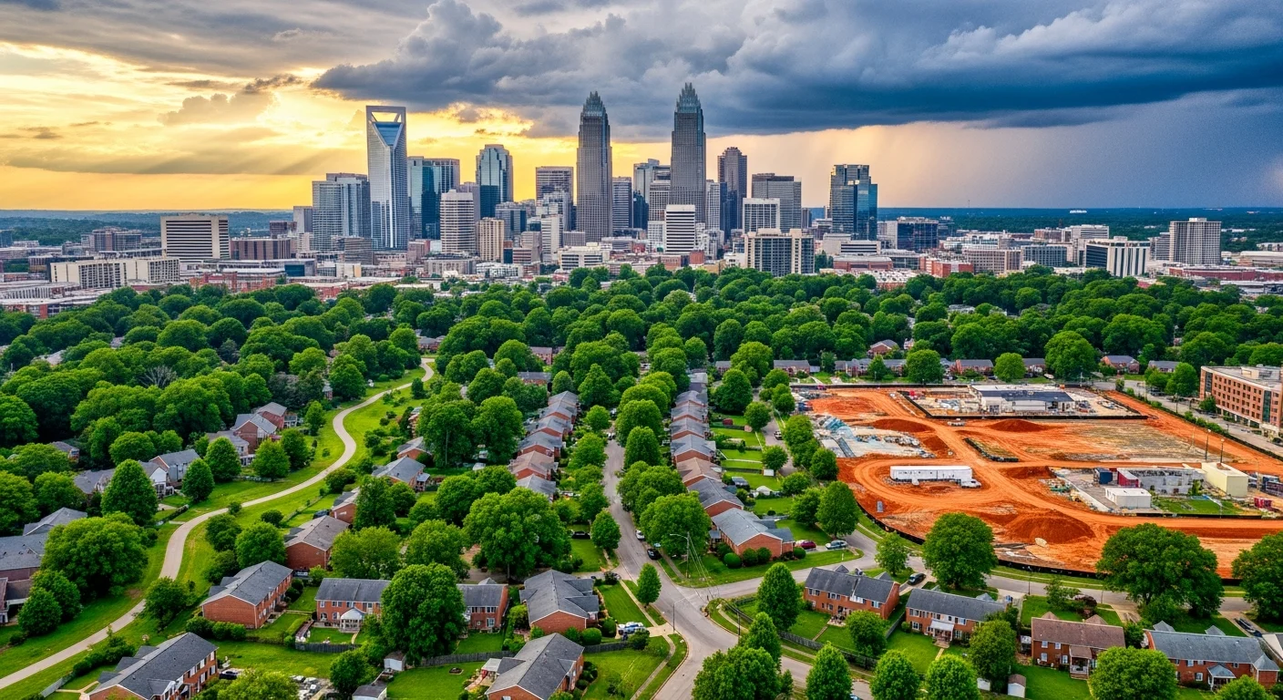 Aerial view of Charlotte NC skyline with Uptown commercial district and surrounding business corridors
