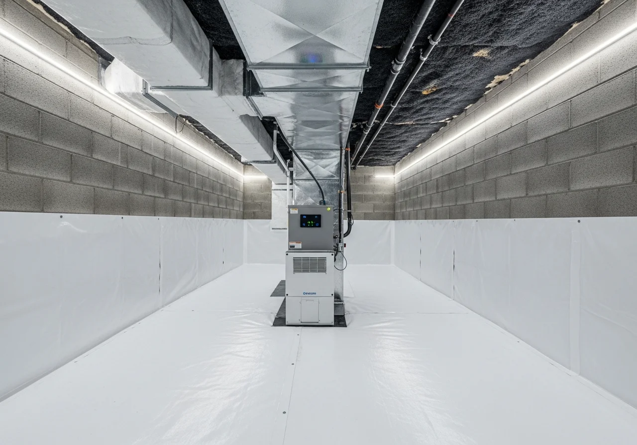 Completed crawl space encapsulation with white vapor barrier and dehumidifier