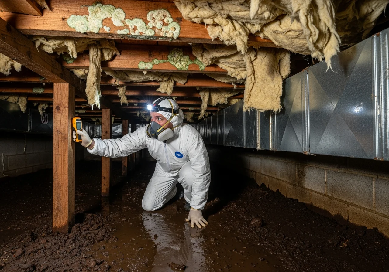 Professional technician inspecting mold and moisture damage in a Charlotte NC crawl space with clay soil foundation