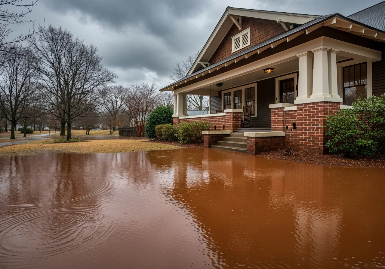 Flooded front yard of a Dilworth craftsman bungalow in Charlotte NC after severe rain