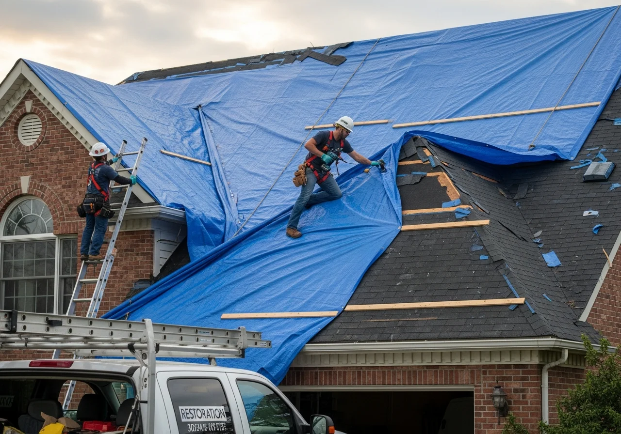 Emergency roof tarping on storm-damaged Charlotte home