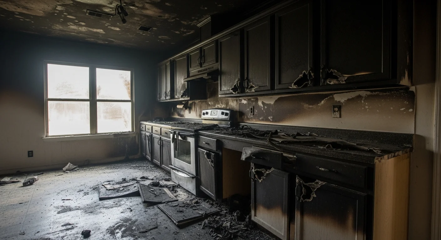 Fire-damaged kitchen in a Charlotte NC home with charred cabinets and heavy soot