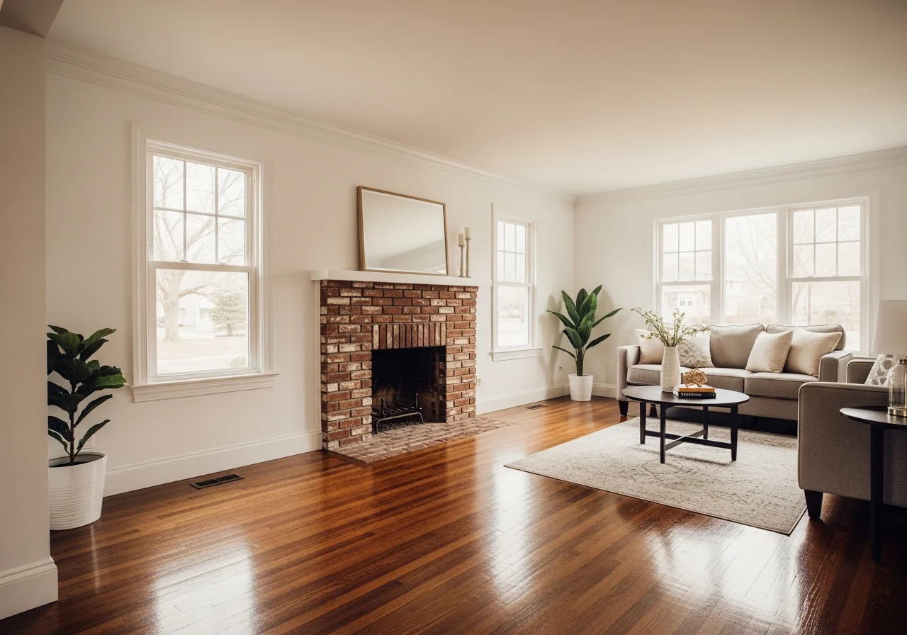 Living room fully restored after fire damage in Charlotte