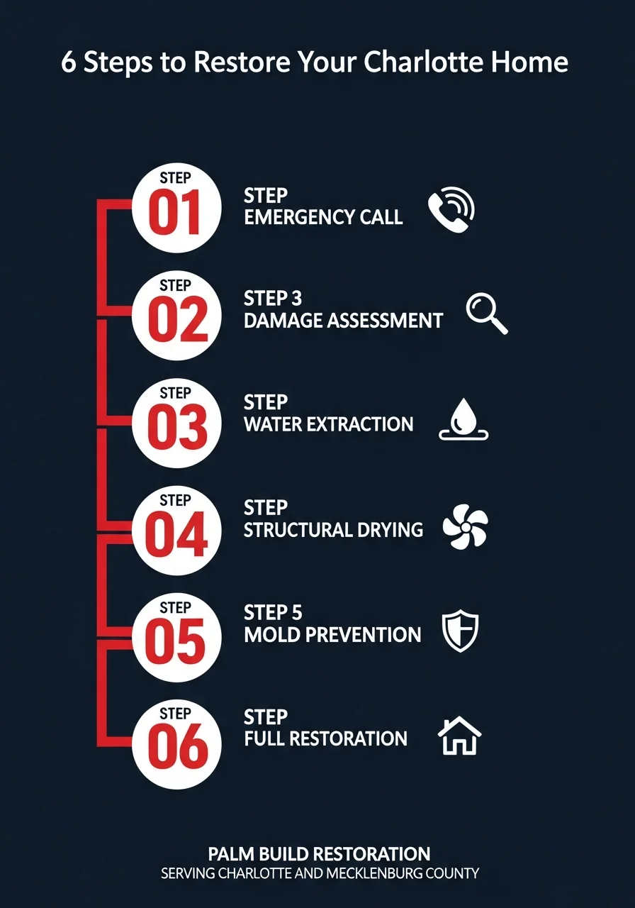 Infographic showing Palm Build's 6-step water damage restoration process for Charlotte NC homes