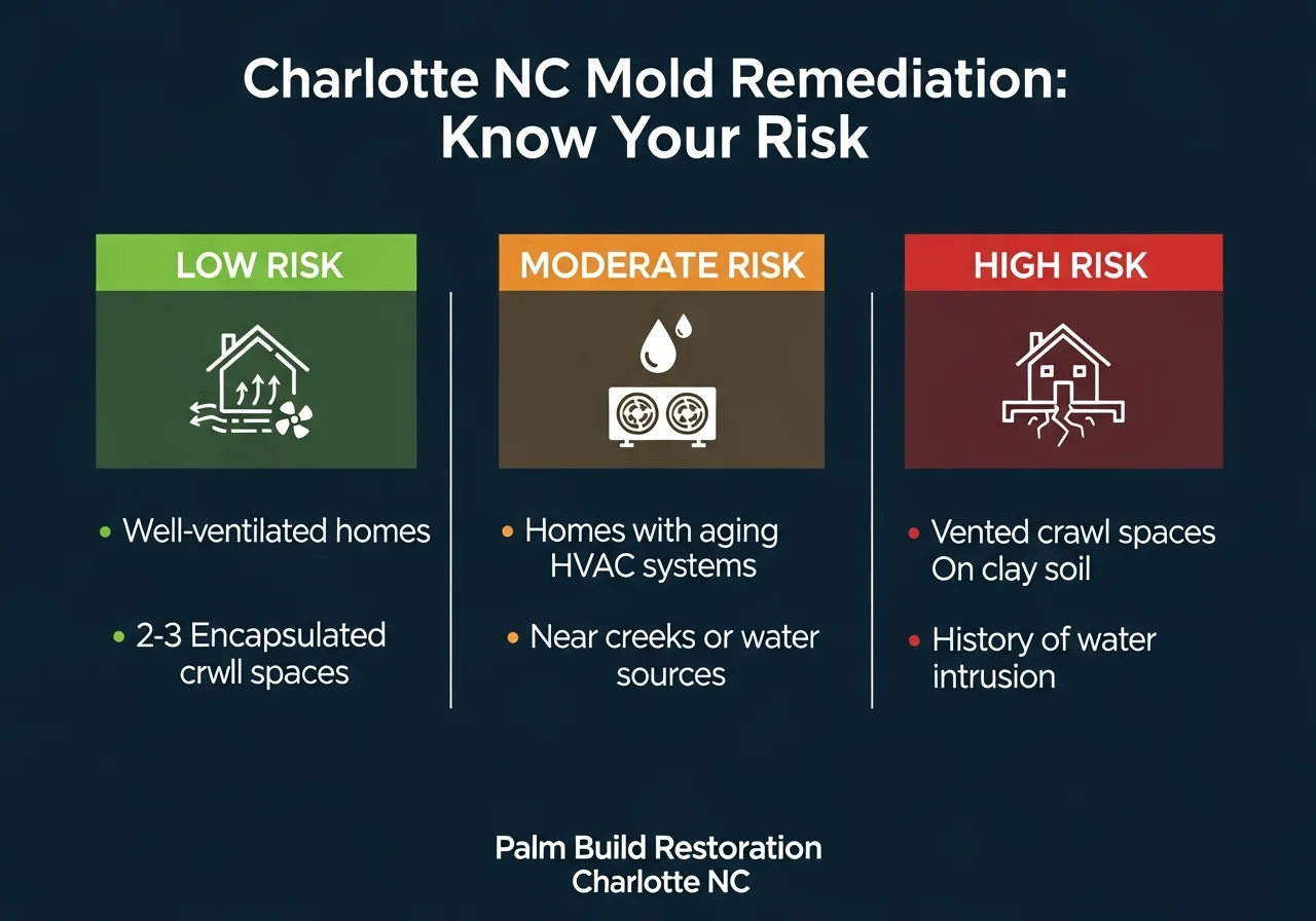Charlotte NC mold risk levels infographic showing low, moderate, and high risk categories