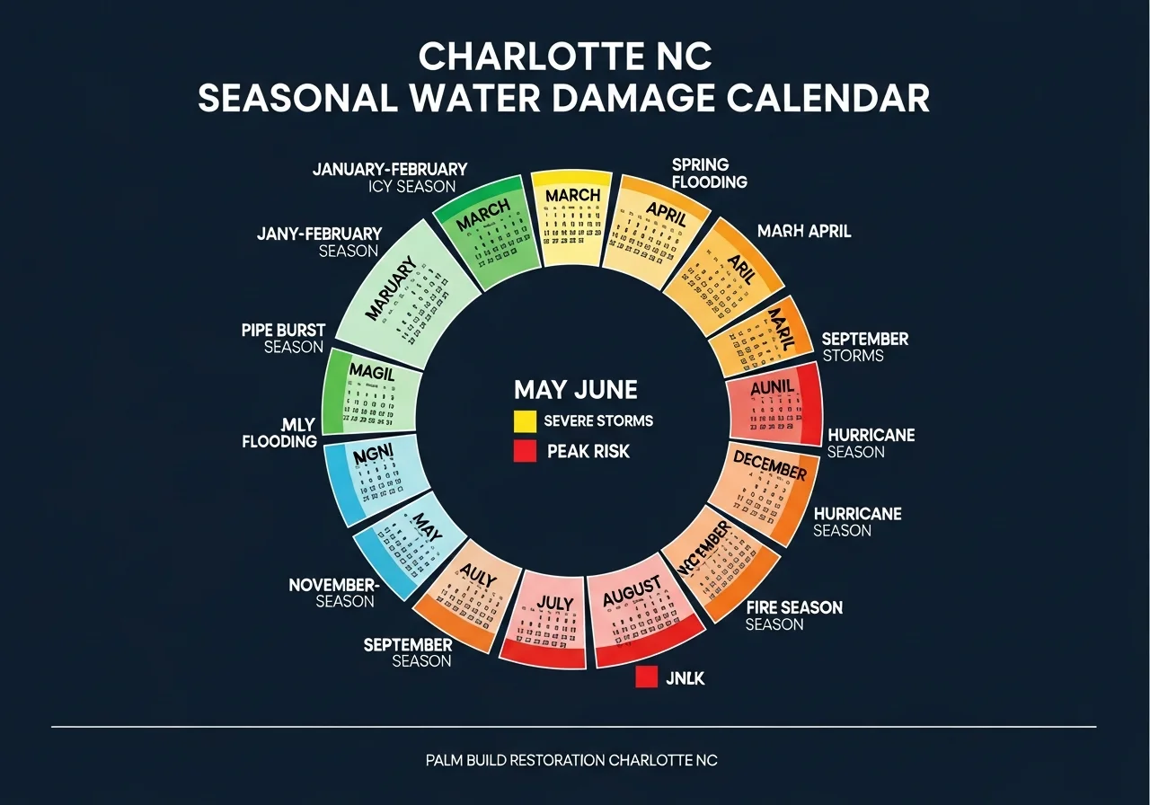 Charlotte NC seasonal water damage risk calendar showing month-by-month damage patterns