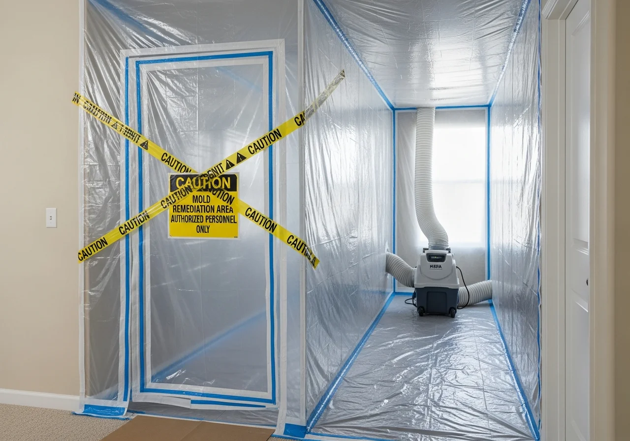 Professional mold remediation containment barrier with HEPA air scrubber setup
