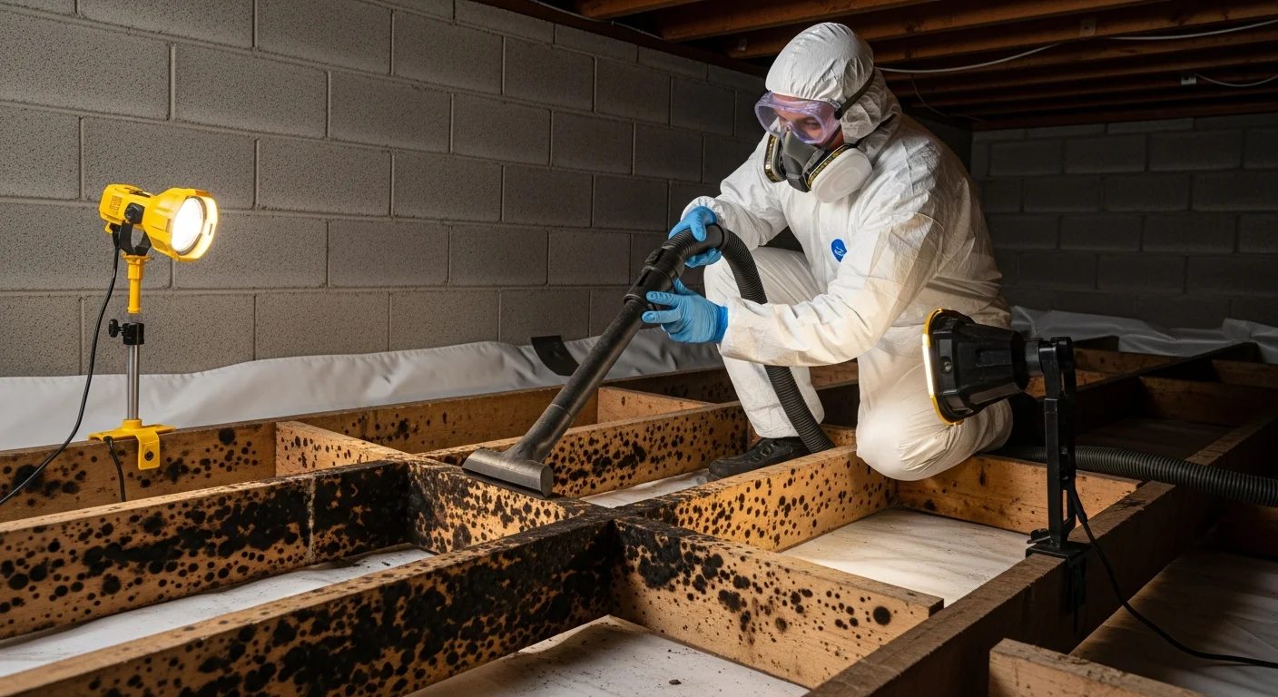 Mold remediation technician in PPE removing mold from crawl space floor joists