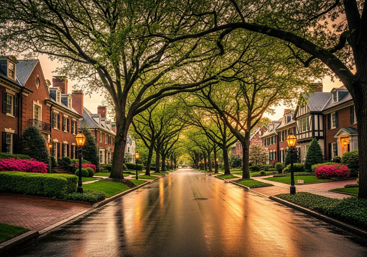 Myers Park historic neighborhood in Charlotte NC with grand brick homes under mature oak canopy