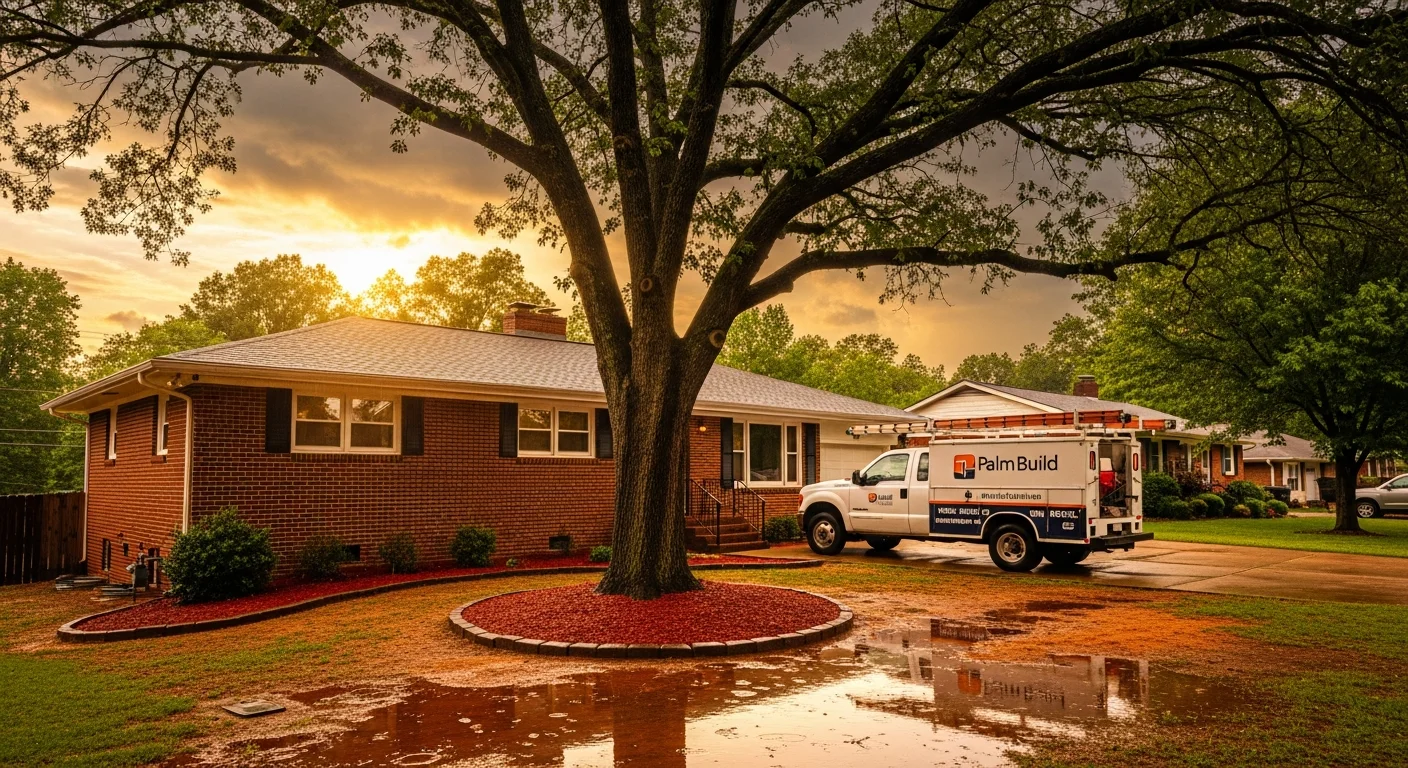 Palm Build restoration truck parked at a Charlotte, North Carolina brick ranch home after a rainstorm with red clay soil and mature oak trees visible