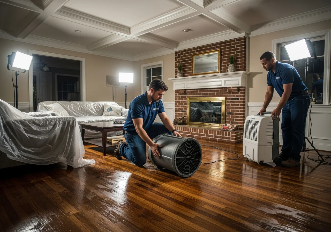 Palm Build restoration team setting up industrial drying equipment in a water-damaged Charlotte home