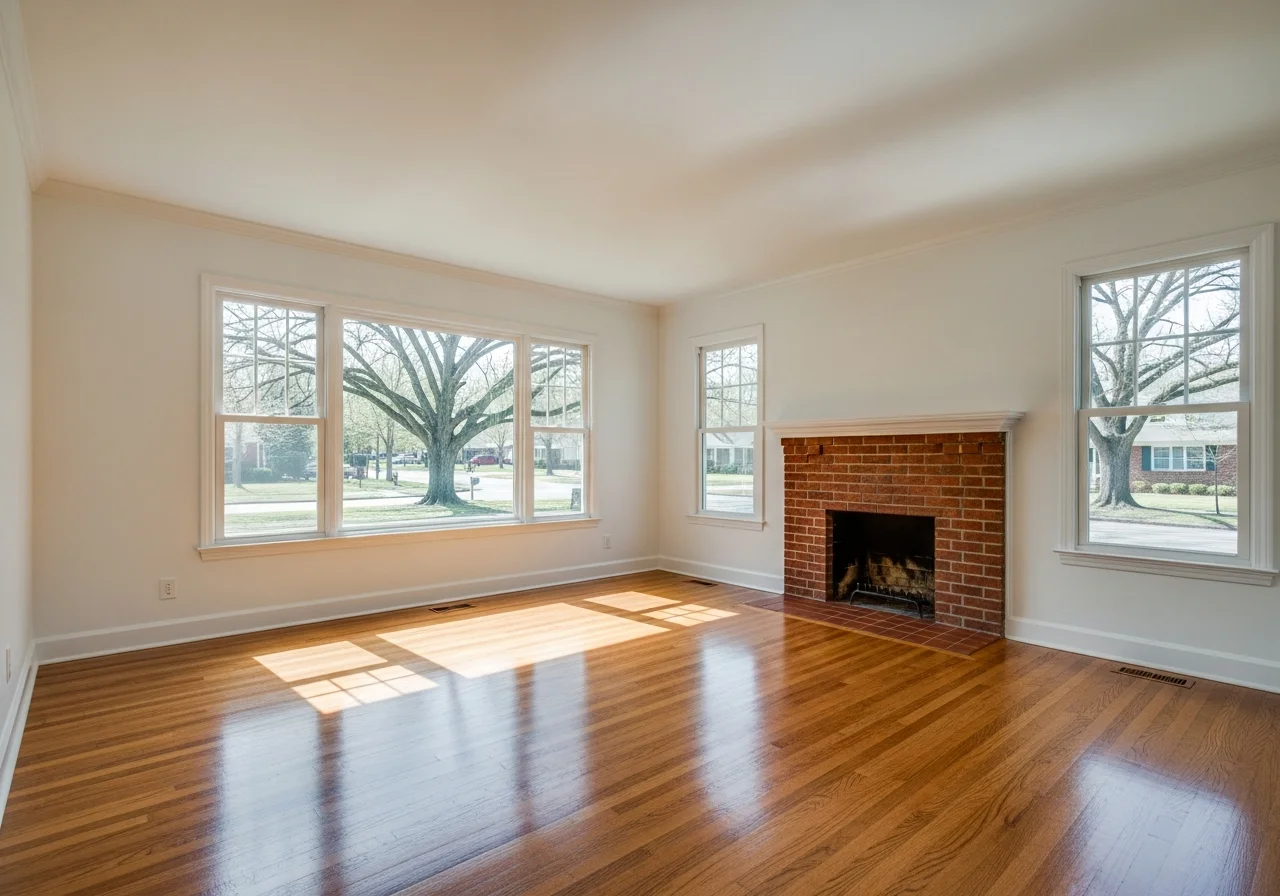 Beautifully restored living room with refinished hardwood floors and fresh finishes in a Charlotte NC home after reconstruction