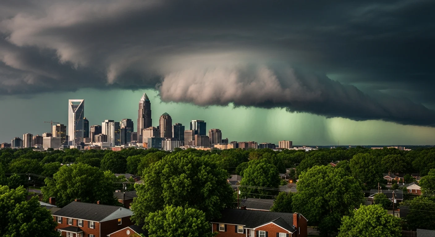 Severe thunderstorm approaching Charlotte NC skyline with dark clouds over residential neighborhoods