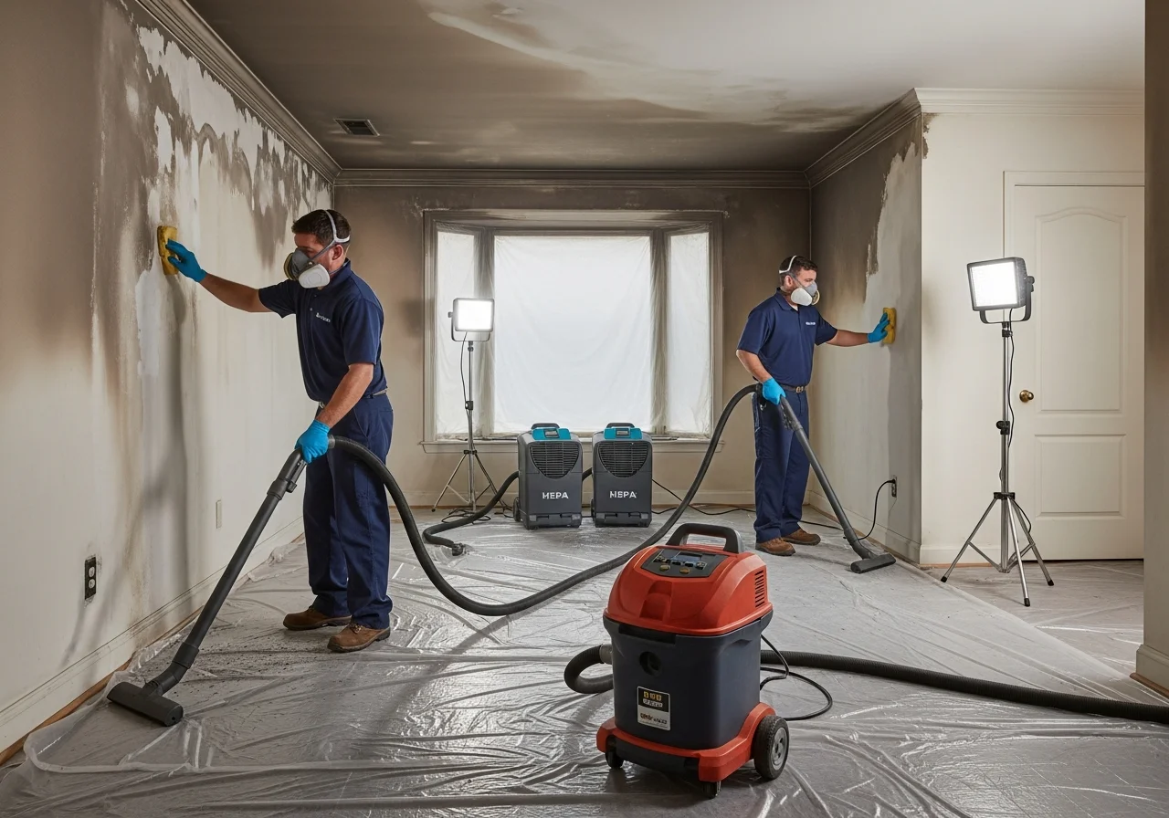 Restoration team performing soot cleanup with HEPA equipment in a Charlotte home