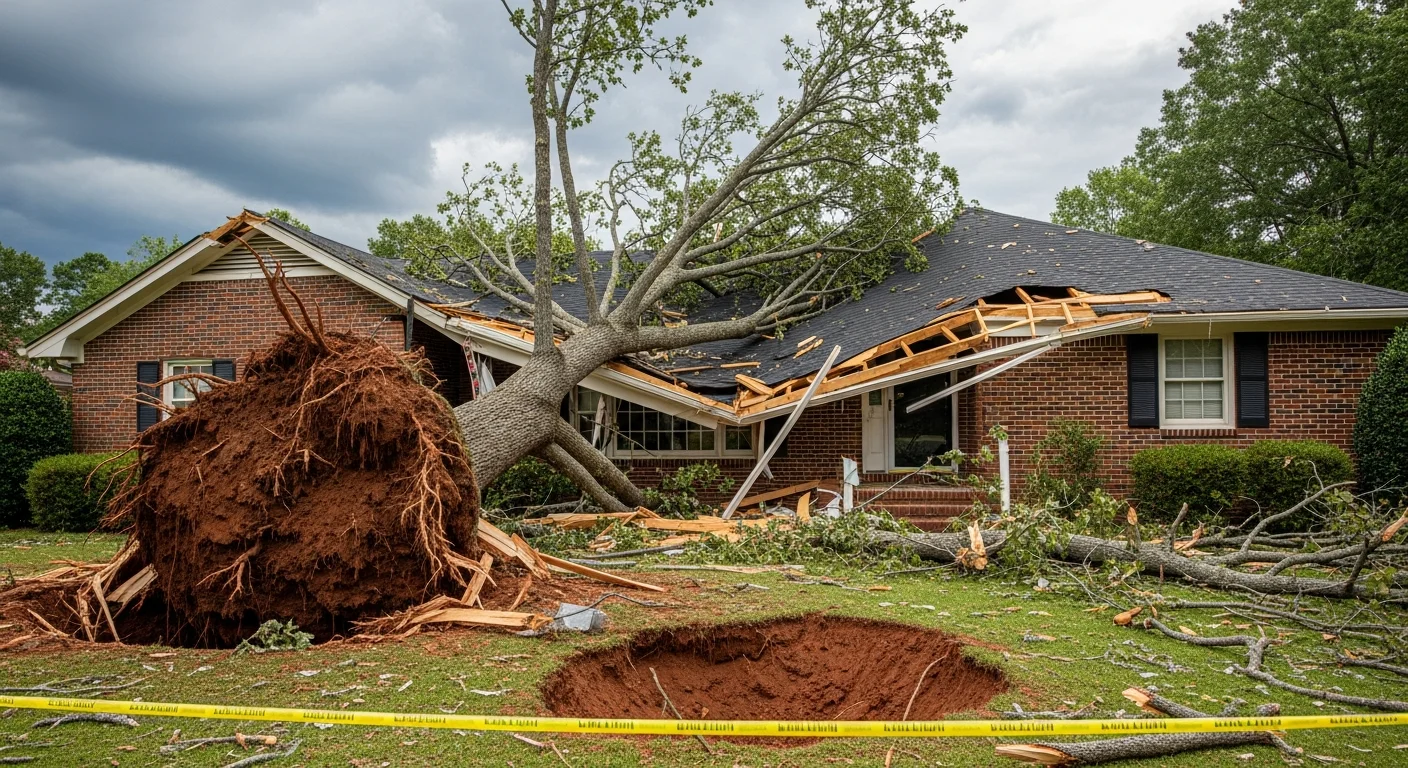Large oak tree fallen onto the roof of a Charlotte NC brick ranch home after a severe storm