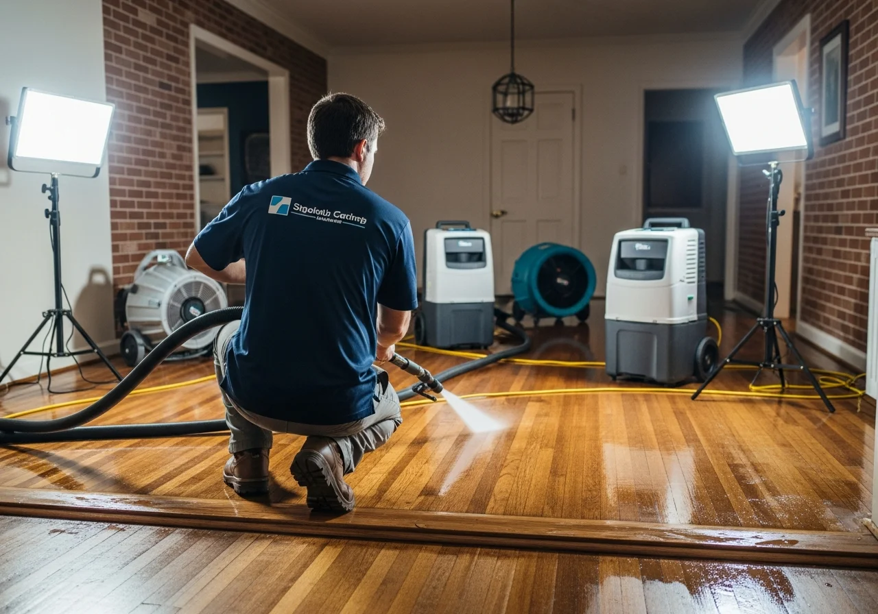 Restoration technician performing water extraction on hardwood floors inside a Charlotte NC brick ranch home