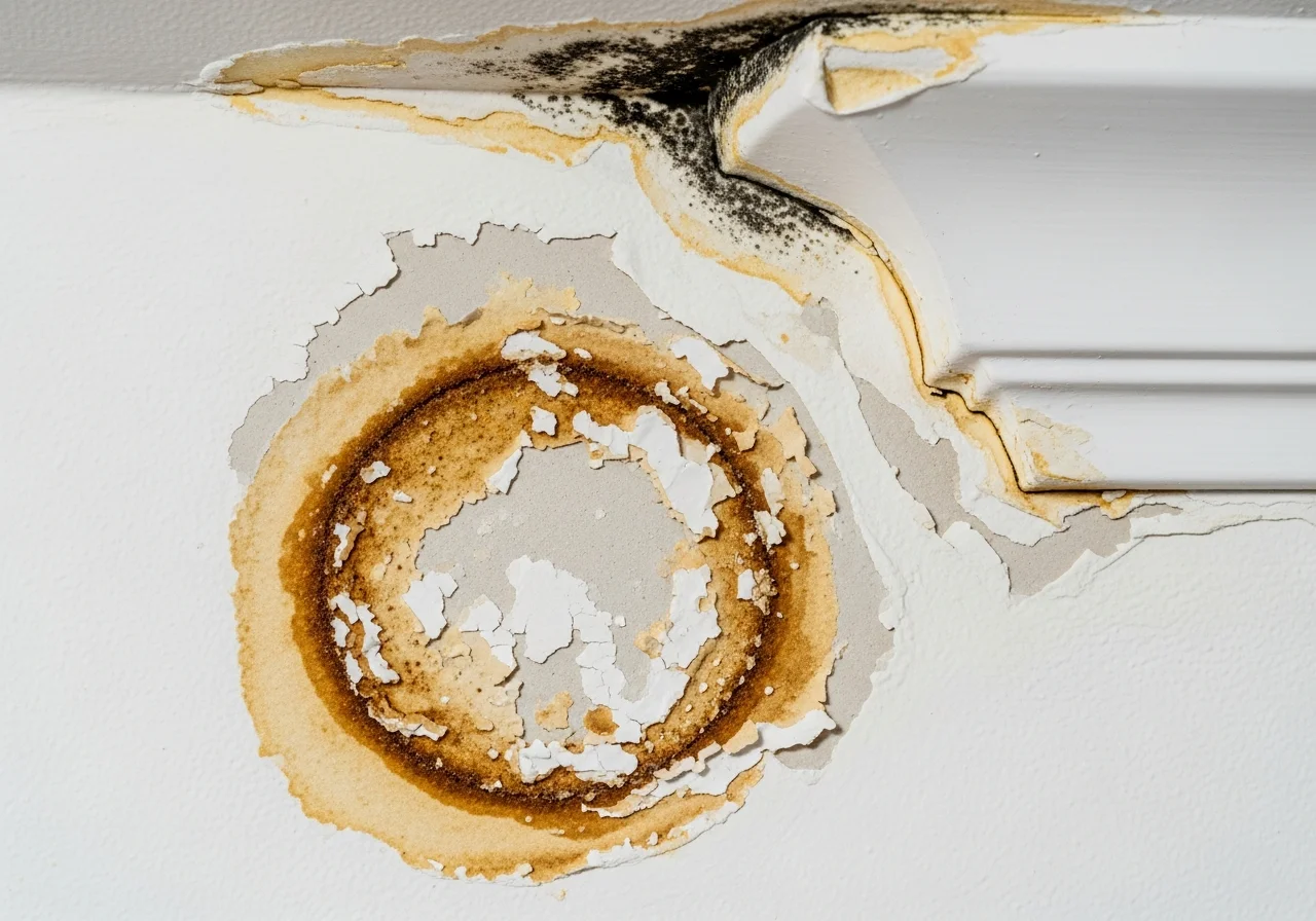 Water damage staining and mold growth on drywall near ceiling in a Charlotte NC home