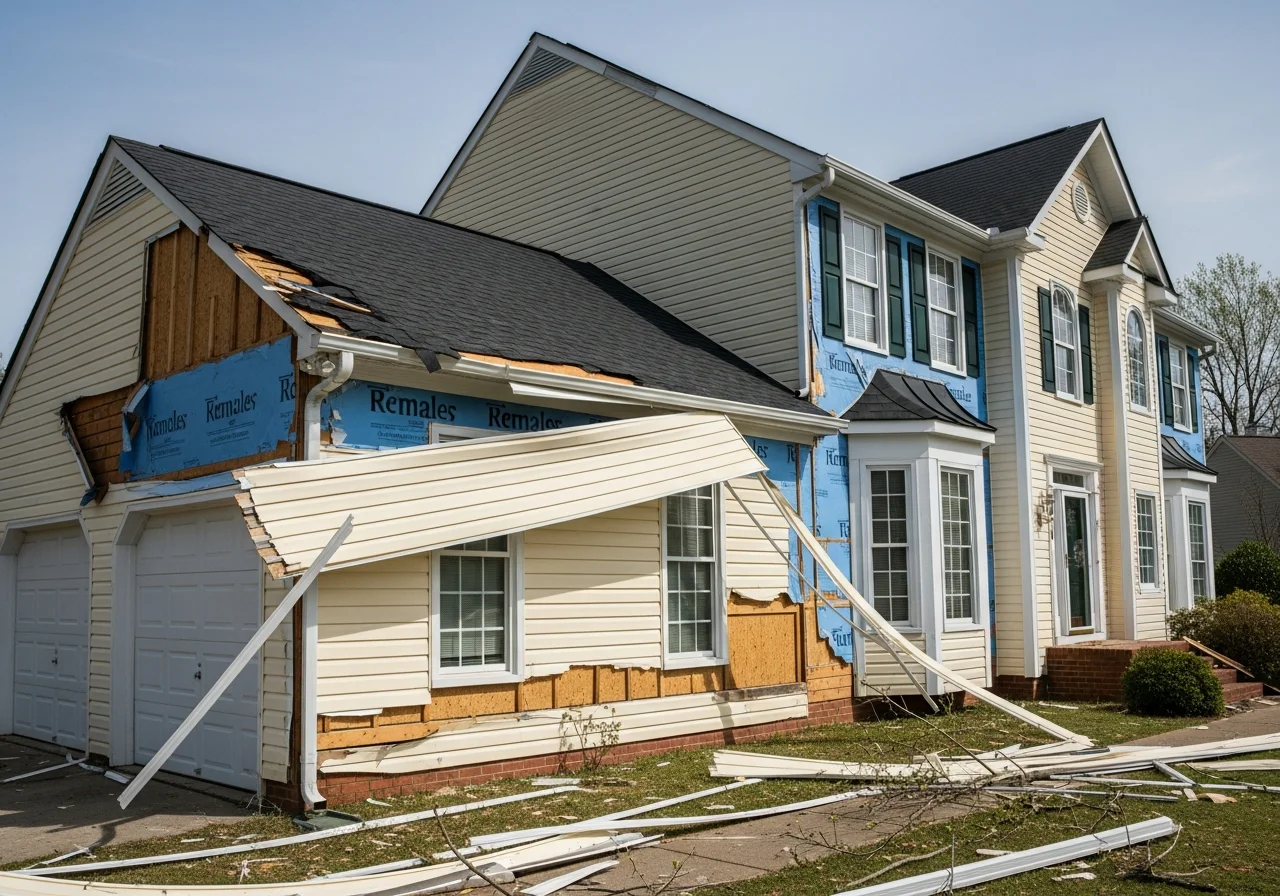Wind damage to vinyl siding on a Charlotte NC suburban home