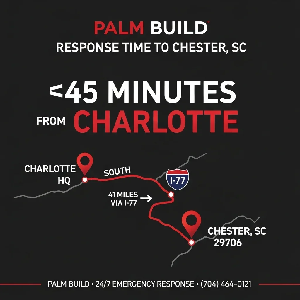 Map infographic showing Palm Build's 45-minute emergency response route from Charlotte to Chester, SC via I-77