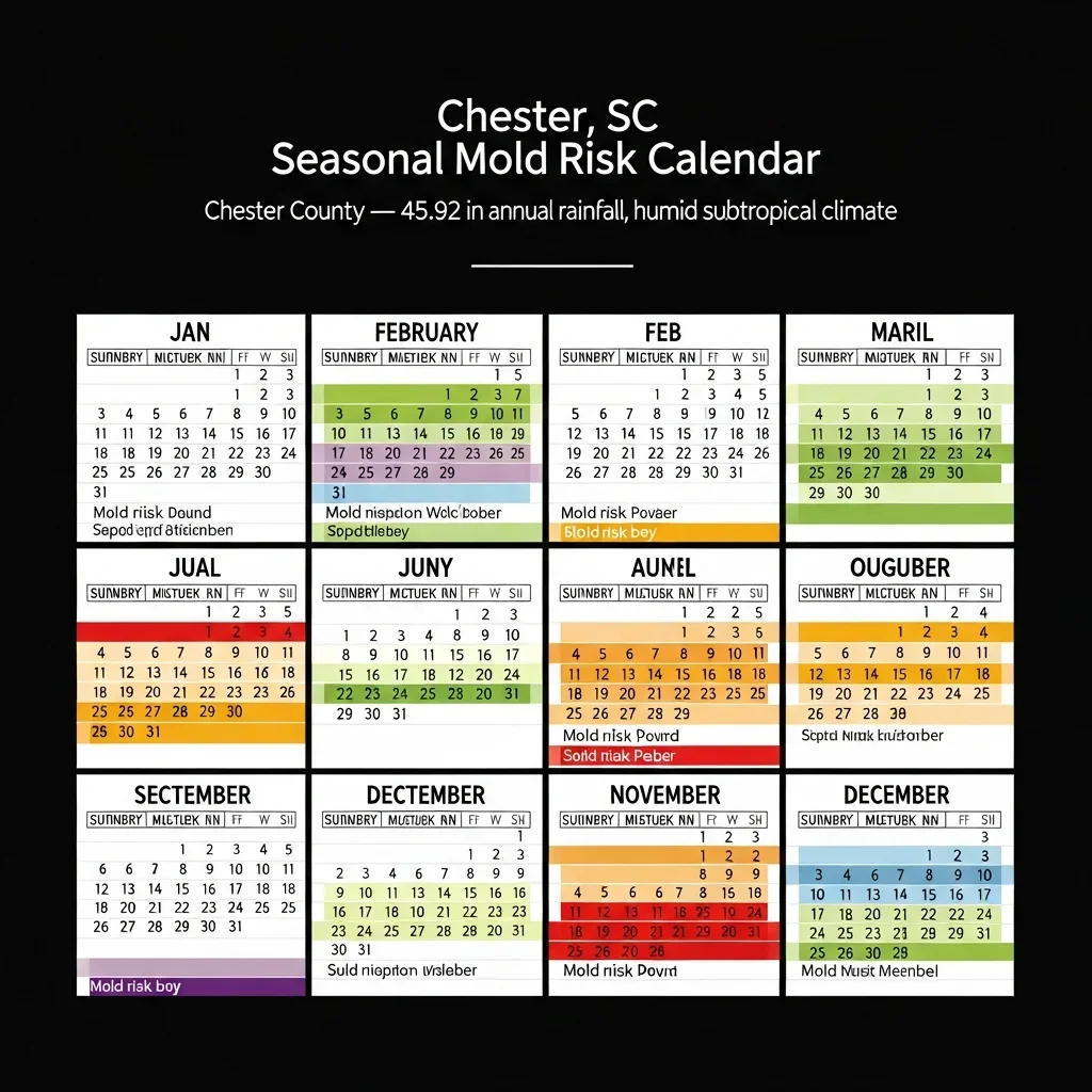 Seasonal mold risk calendar for Chester, SC showing month-by-month humidity and mold growth risk