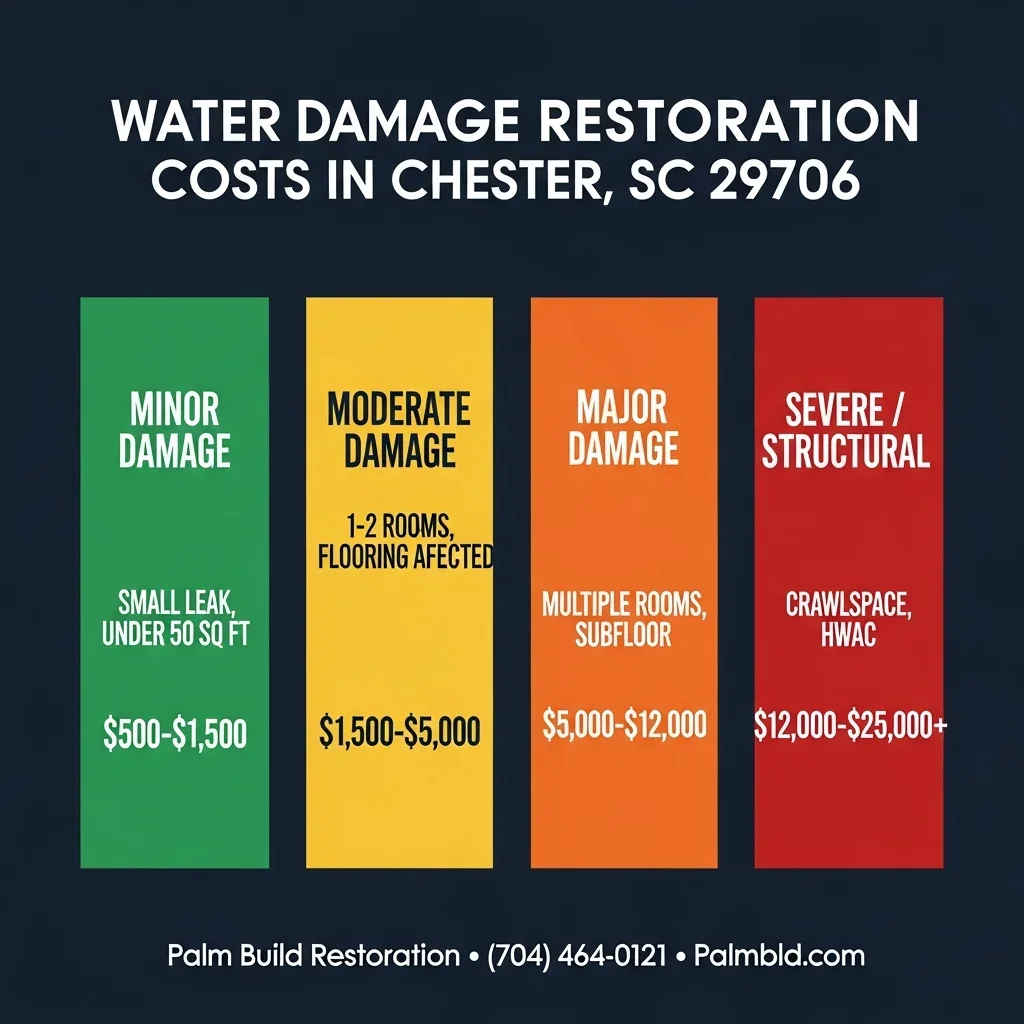 Infographic showing water damage restoration cost ranges in Chester, SC — from $800 for minor extraction to $40,000 plus for major historic home restoration