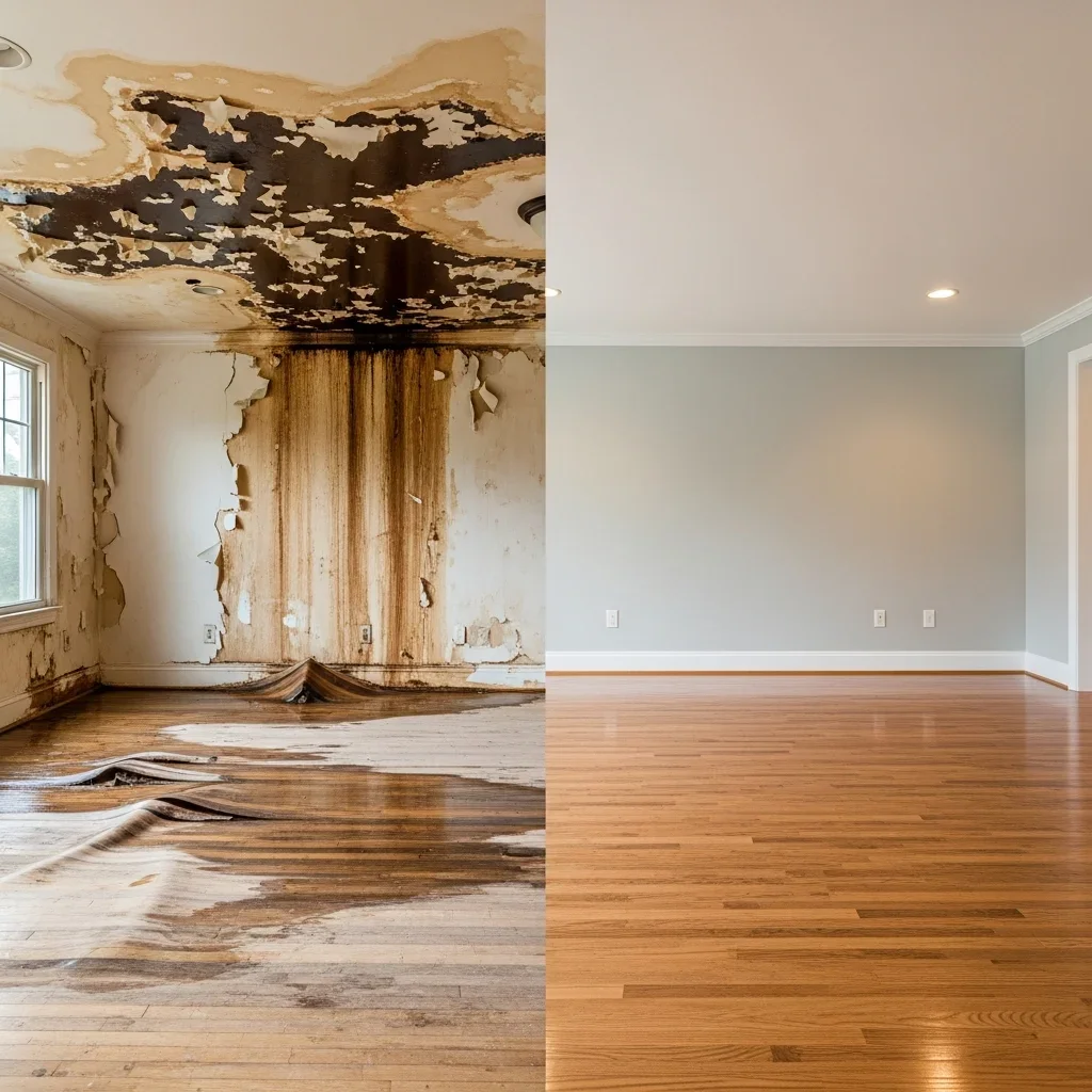 Before and after comparison of a Chester, SC home fully restored after water damage — from saturated and damaged surfaces to a clean, rebuilt interior