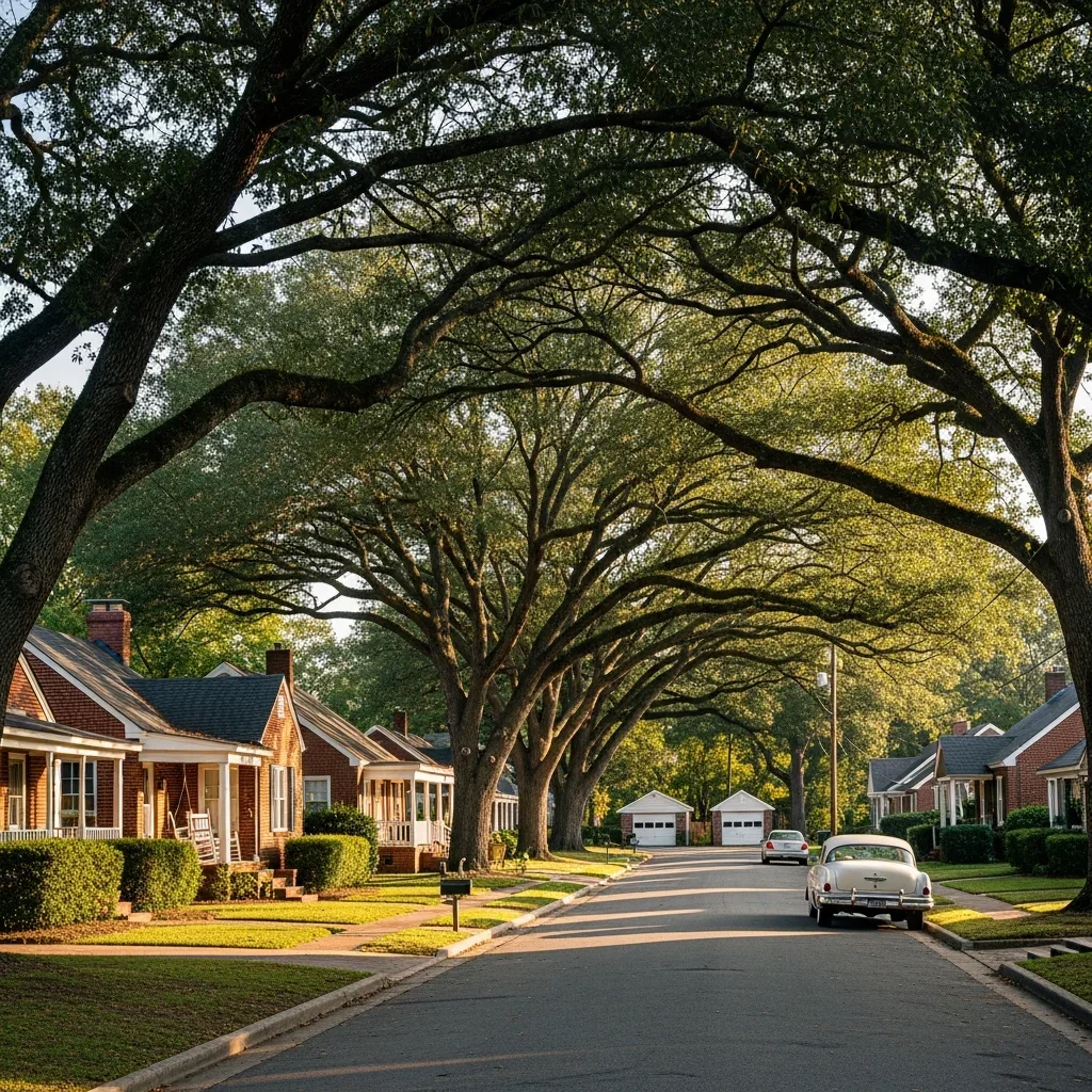 Older residential street in Chester, SC with mid-century brick homes built around 1959 and mature tree canopy lining the road