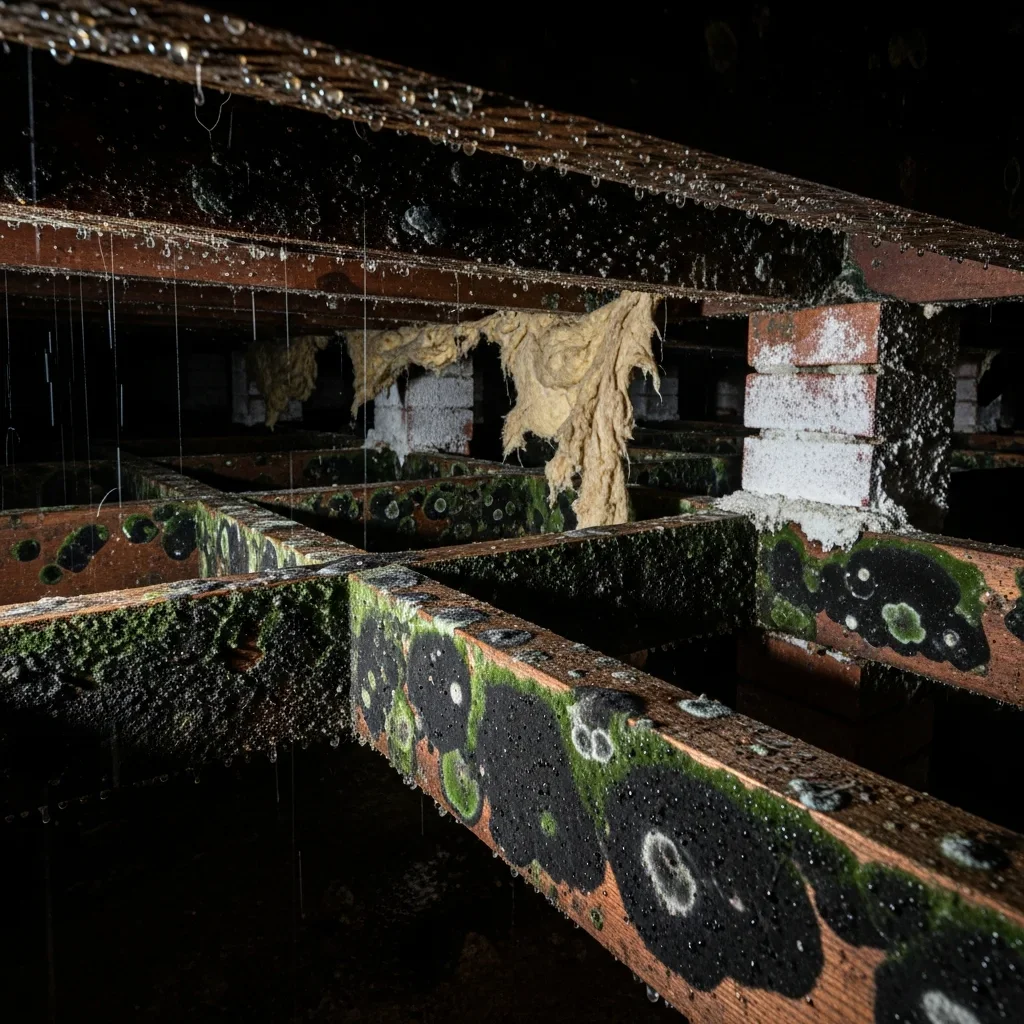 Active mold growth on floor joists in a Chester, SC crawl space with vented foundation — common finding in 1959-era Chester housing stock