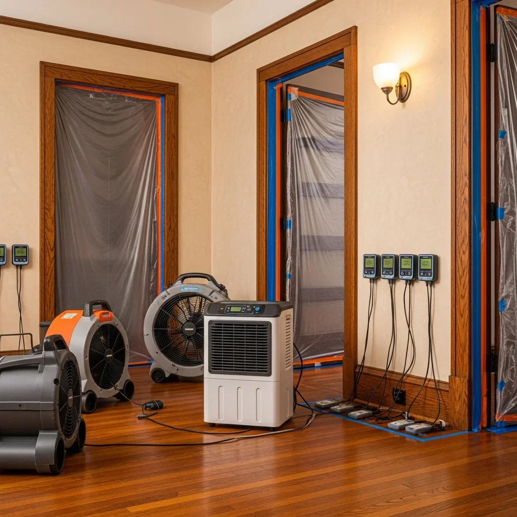 Commercial drying equipment — air movers and dehumidifiers — deployed inside a Chester, SC home during water damage restoration