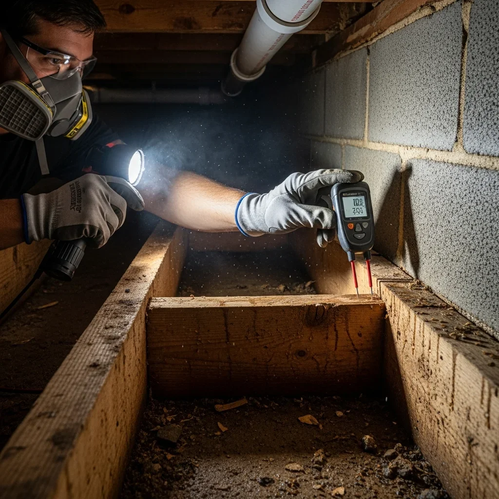 Palm Build technician taking moisture meter readings in a Chester, SC crawl space during water damage assessment