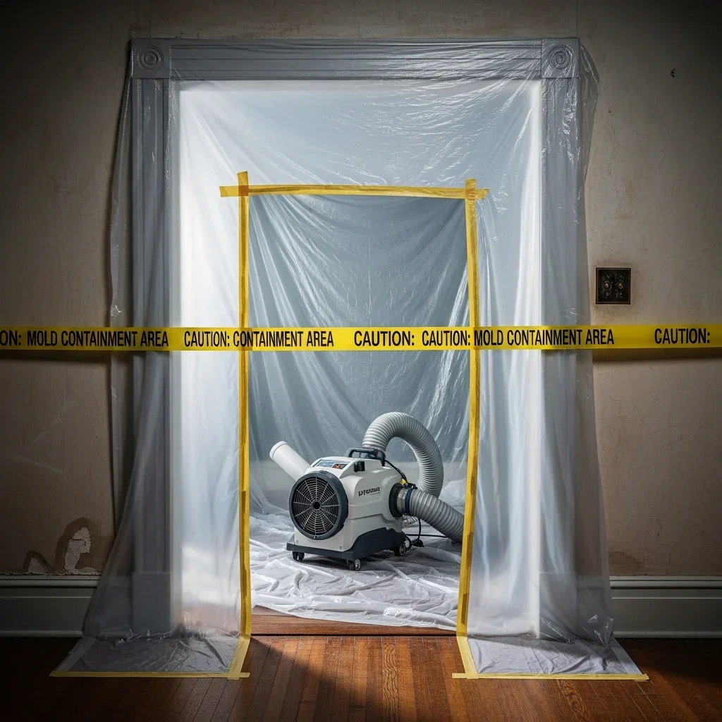Professional mold containment barriers and negative air machine deployed in a Chester, SC home during IICRC S520-compliant mold remediation