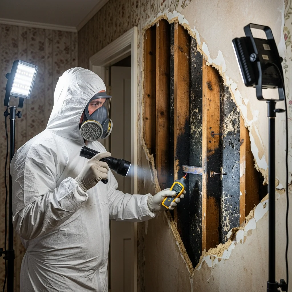 Palm Build mold remediation technician in full PPE examining wall cavity mold in an older Chester, SC home