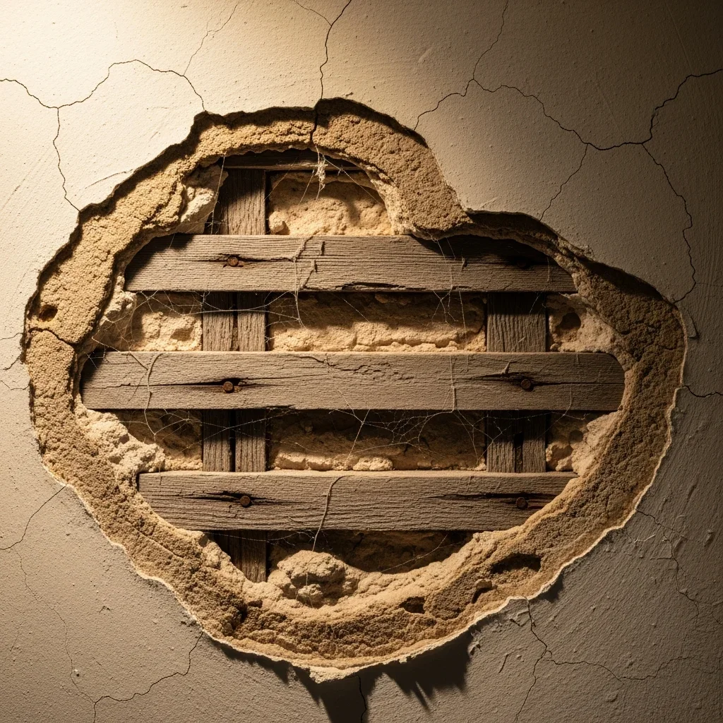 Water damage on plaster-and-lath wall in an older Chester, SC home showing delamination and water staining characteristic of pre-1960 construction