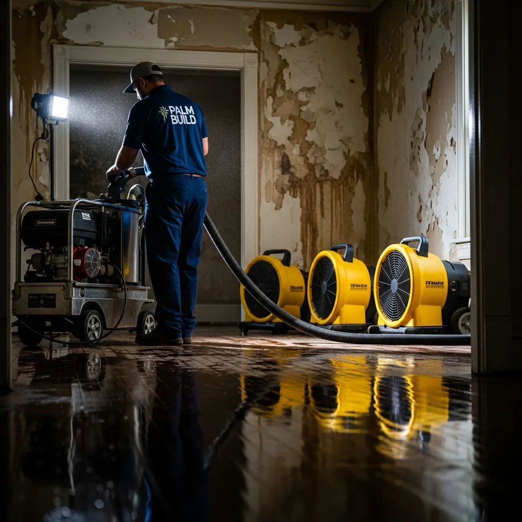 Water extraction in progress inside a Chester, SC home with truck-mounted commercial equipment removing standing water from original hardwood floors