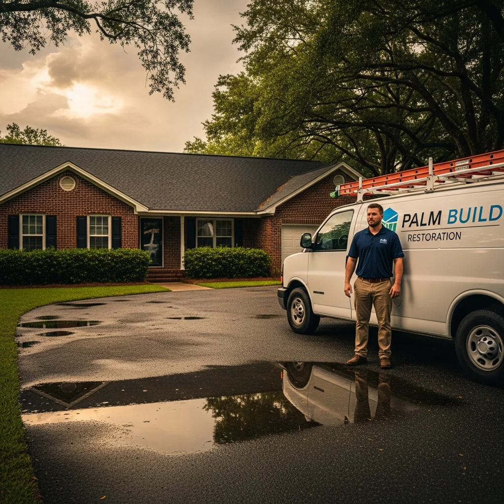 Palm Build restoration technician and branded work van parked at a mid-century brick home in Chester, SC with wet driveway after heavy rain