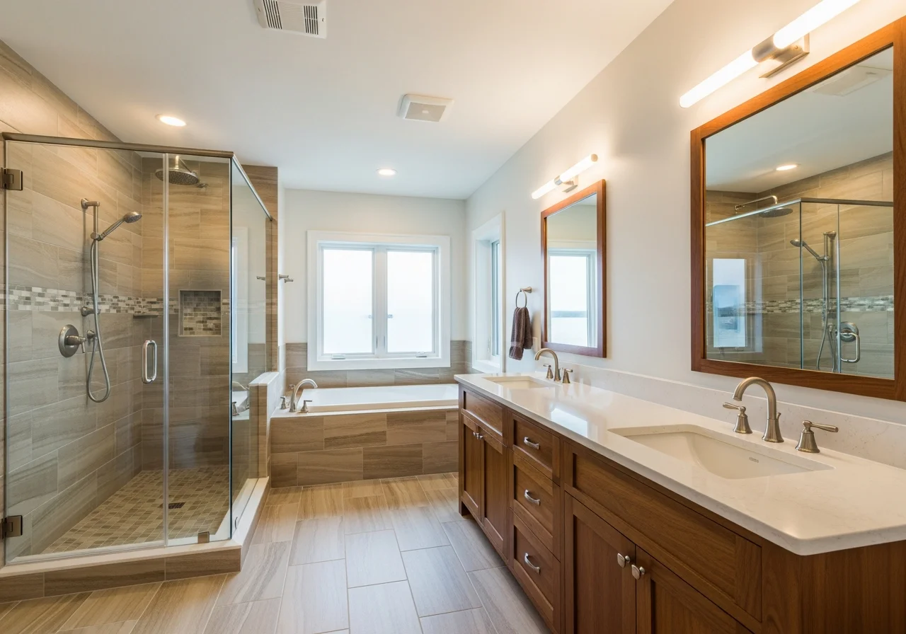Completed bathroom reconstruction in a Clover SC home showing modern fixtures, tile work, and vanity installed by Palm Build