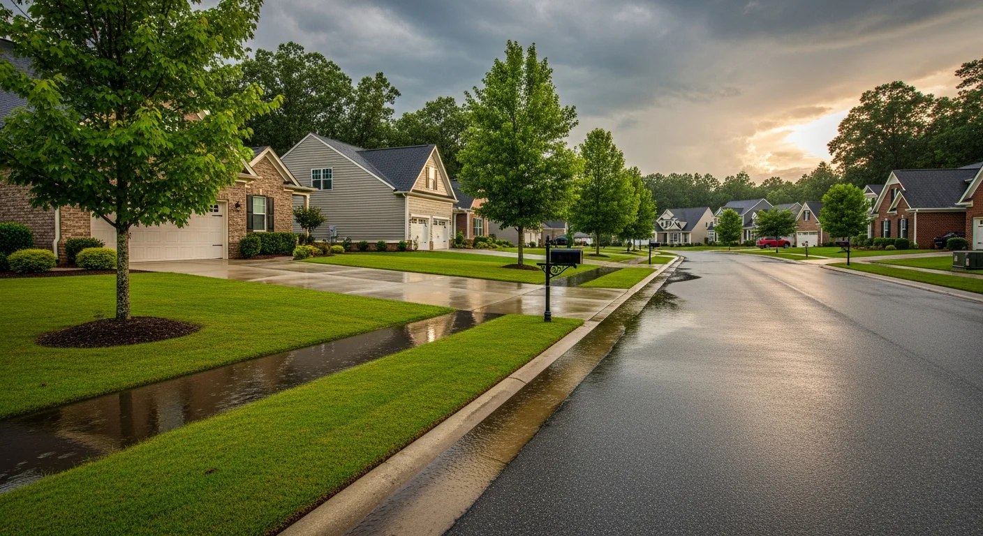 Clover SC neighborhood showing rain damage conditions that drive crawl space moisture problems in Piedmont clay soil