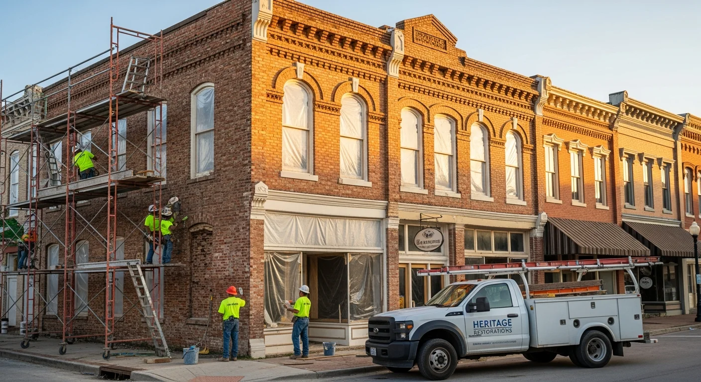 Palm Build commercial restoration team responding to a historic commercial building in downtown Clover, South Carolina