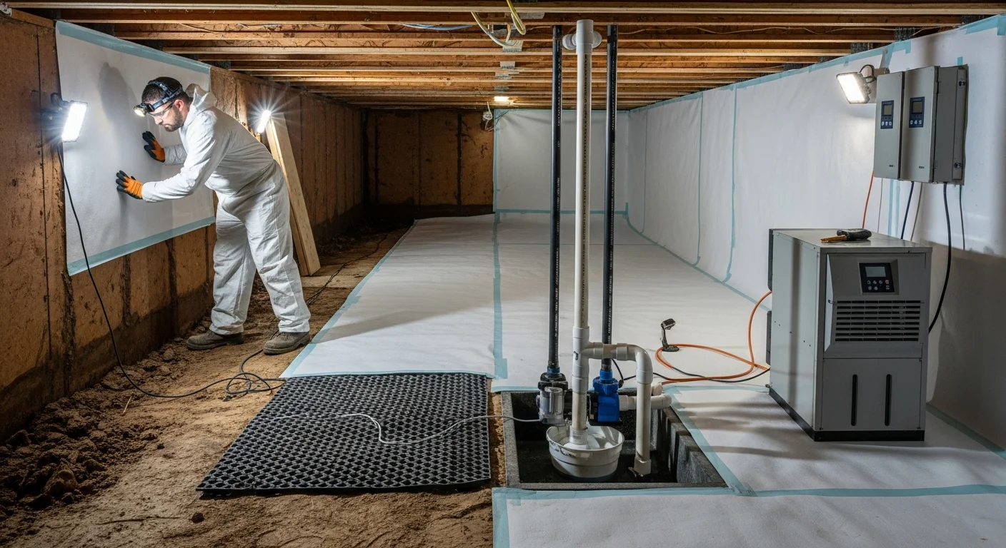 Professional crawl space encapsulation work in progress beneath a Clover, South Carolina home showing heavy-duty vapor barrier installation on Piedmont clay soil