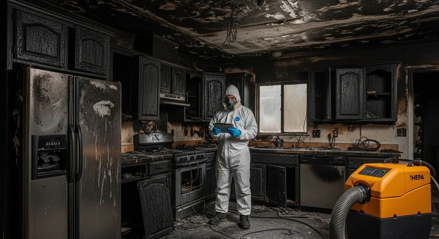 Fire and smoke damaged kitchen in a Clover SC home showing soot deposits on cabinetry and walls requiring professional restoration